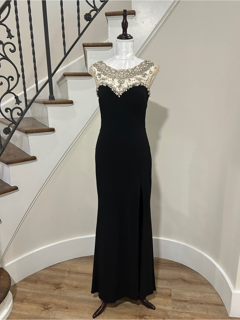 Alyce Paris Black Gown with Ivory Beaded Illusion Neckline
